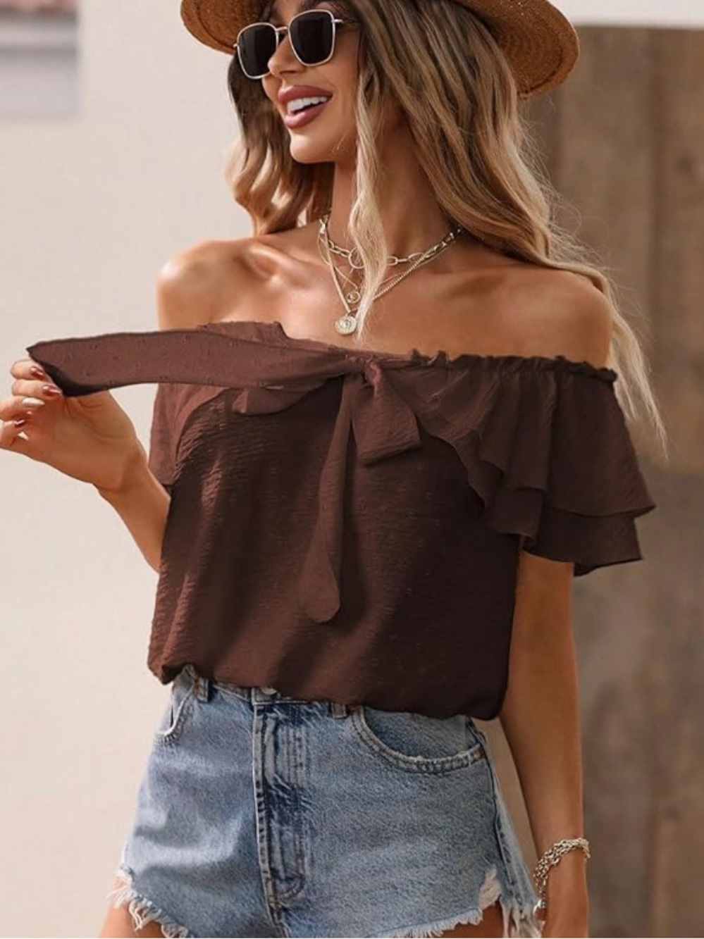 SweatyRocks Women's Off Shoulder Ruffle Trim Knot Front Blouse